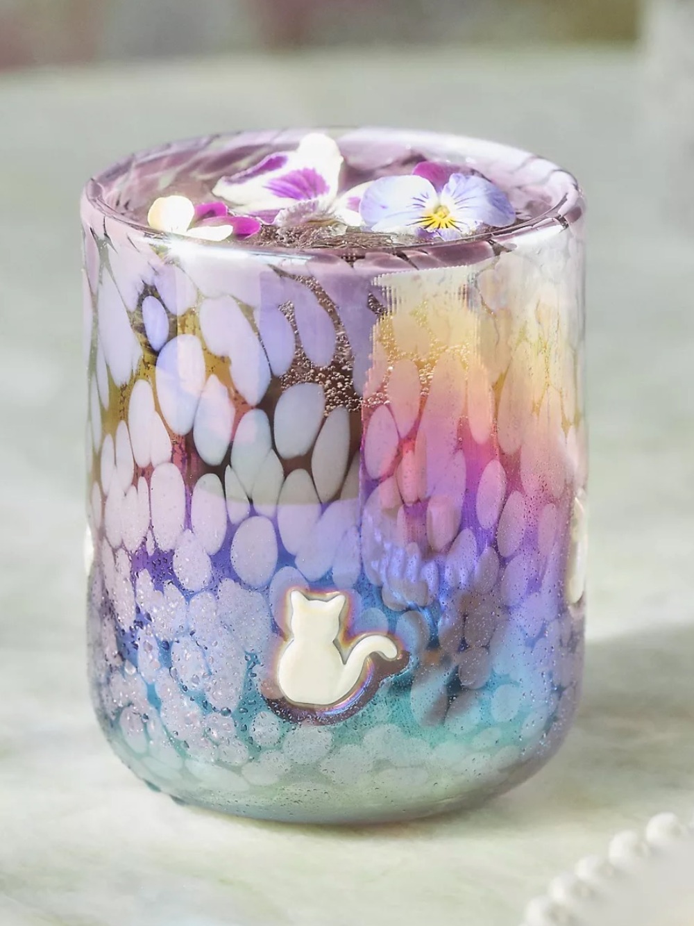Anthropologie Iridescent Multicolor Icon Juice Glass Tumbler with Cat Accent